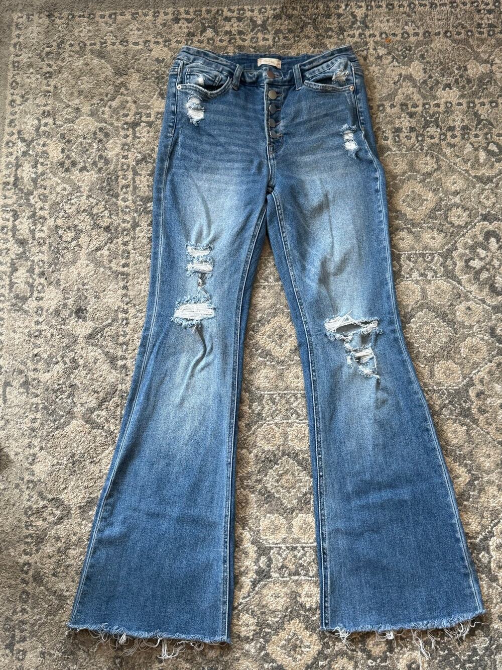 Altar’d State High Rise Distressed Flare Jeans Women 28 Raw Hem Button Fly Denim